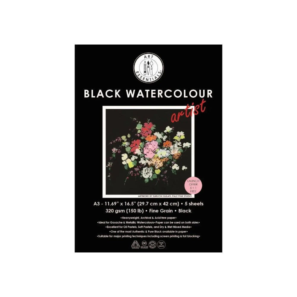 Art Essentials Black Watercolour Artist Paper Fine Grain 320GSM -Poly Pack Art Essentials
