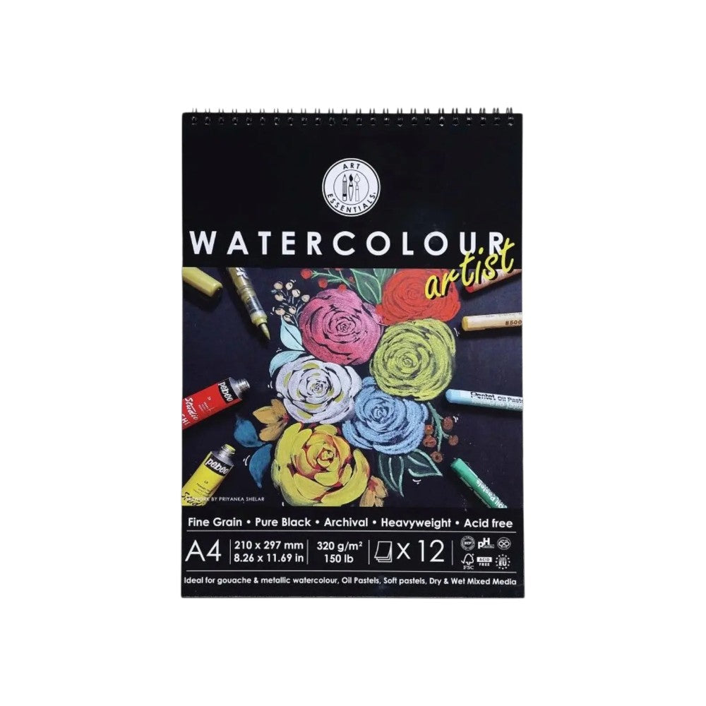 Art Essentials Black Watercolour Artist Paper Fine Grain 320GSM,12 SHT -Spiral Pad Art Essentials