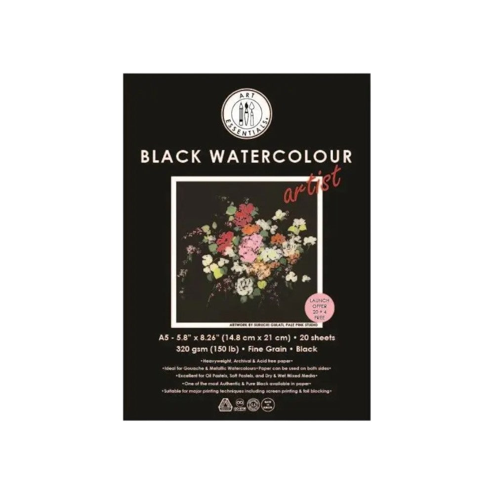Art Essentials Black Watercolour Artist Paper Fine Grain 320GSM -Poly Pack Art Essentials