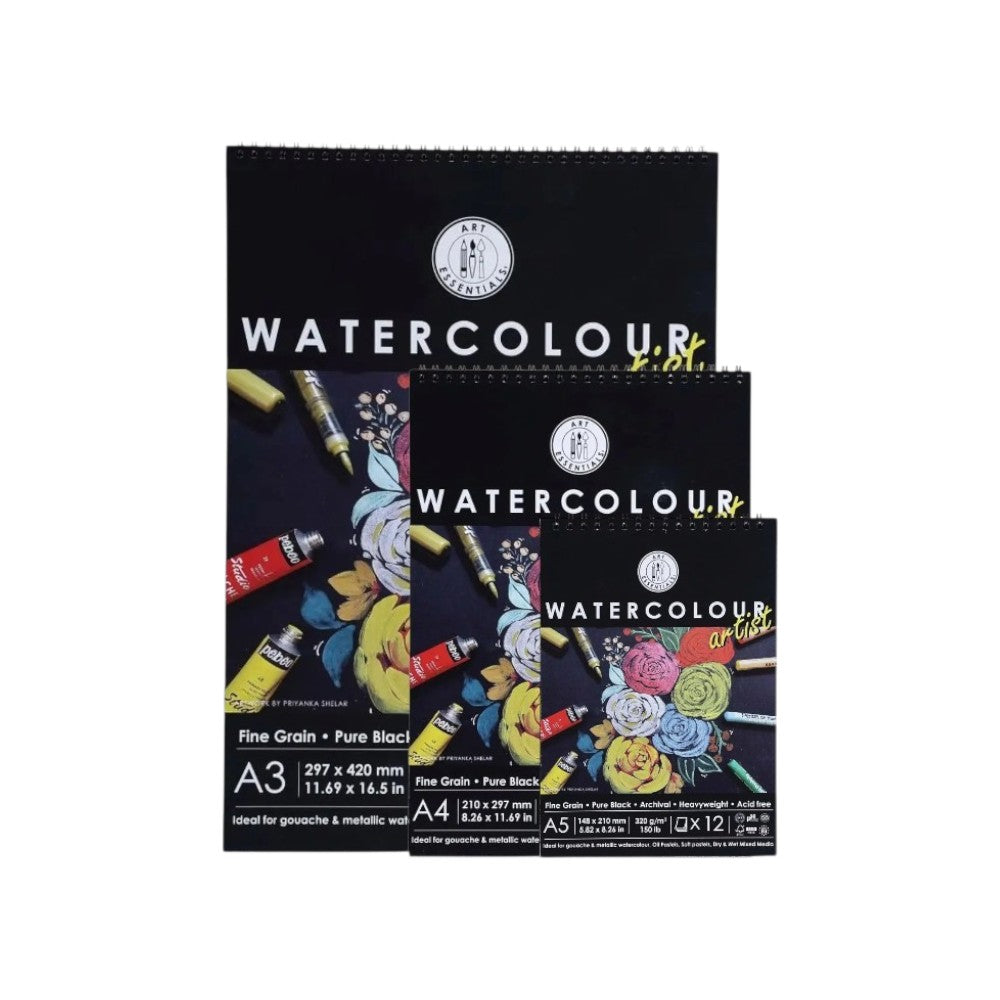 Art Essentials Black Watercolour Paper - 320gsm Spiral Pad, 12 Sheets
