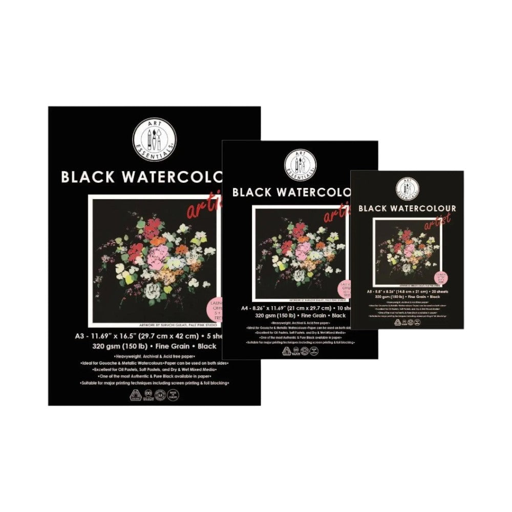 Art Essentials Black Watercolour Paper - 320gsm Fine Grain Poly Pack