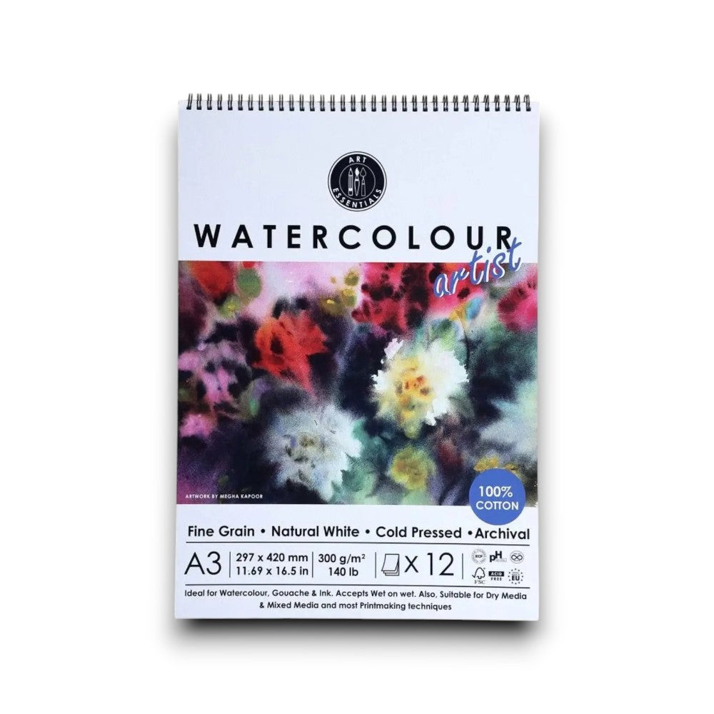 Art Essentials Artists Watercolour Paper Cold Pressed,12 SH,300GSM,100%Cotton -Spiral Pad Art Essentials