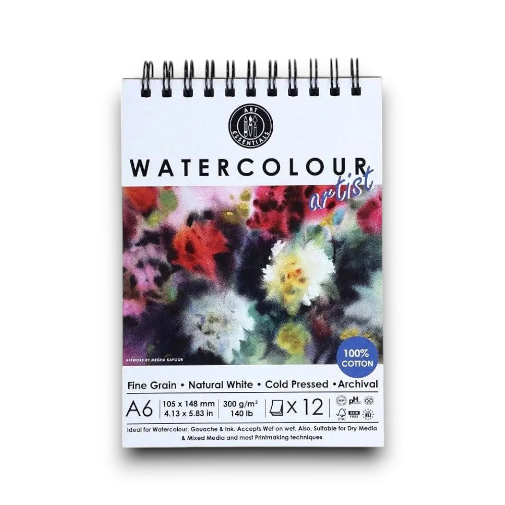 Art Essentials Artists Watercolour Paper Cold Pressed,12 SH,300GSM,100%Cotton -Spiral Pad Art Essentials