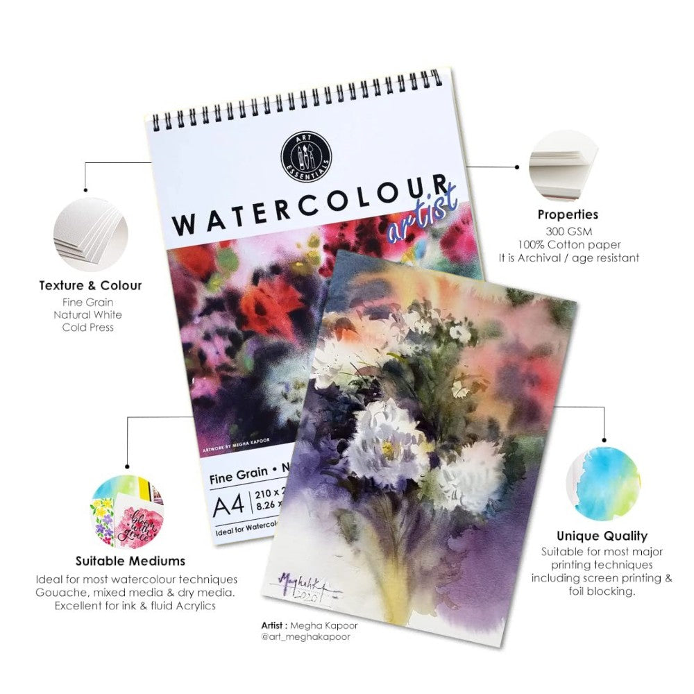 Art Essentials 100% Cold Press Watercolour 300gsm 12sheet - Spiral Pad