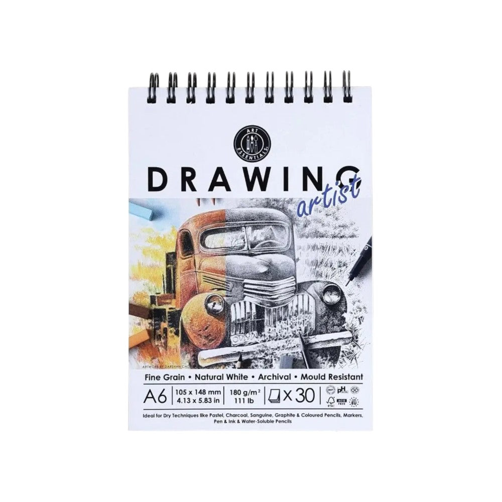 Art Essentials Artist Drawing Paper Natural White Fine Grain 180GSM,30SHT - Spiral Pad Canvazo