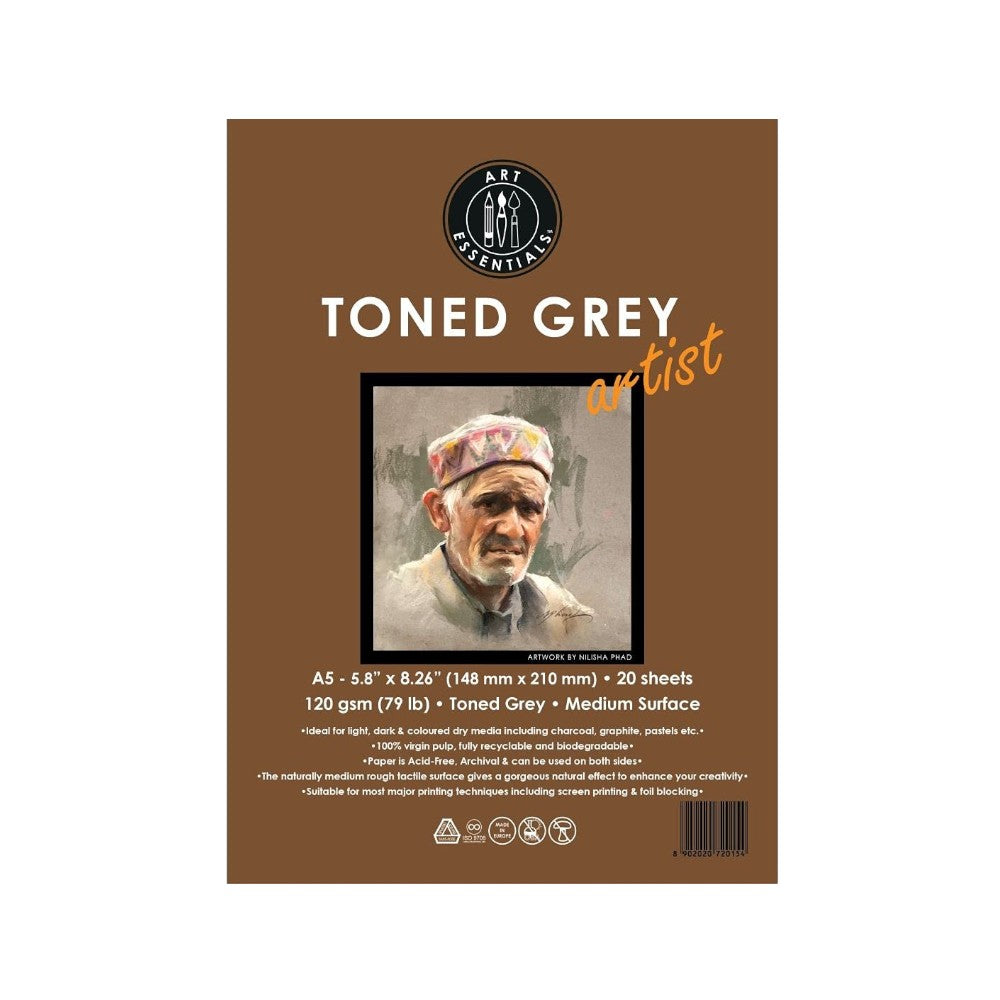 Art Essentials Toned Grey Artist Sketching Paper Medium Surface ,120 GSM- Poly Pack Art Essentials
