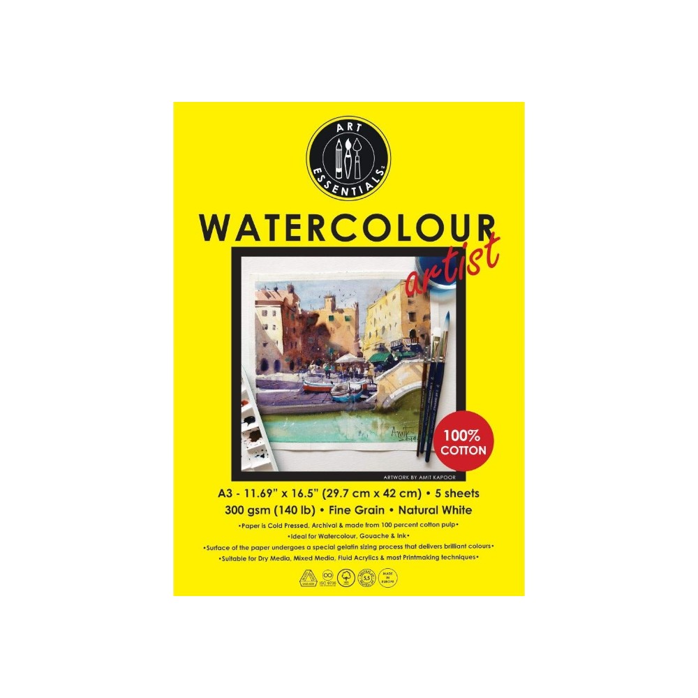 Art Essentials Artist Watercolour Paper 100% Cotton,300GSM,-Poly Pack Art Essentials