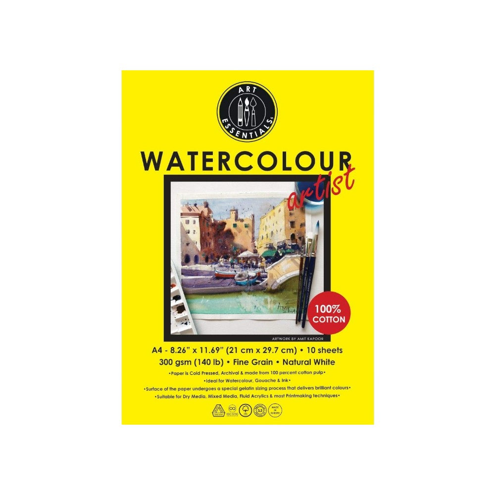 Art Essentials Artist Watercolour Paper 100% Cotton,300GSM,-Poly Pack Art Essentials
