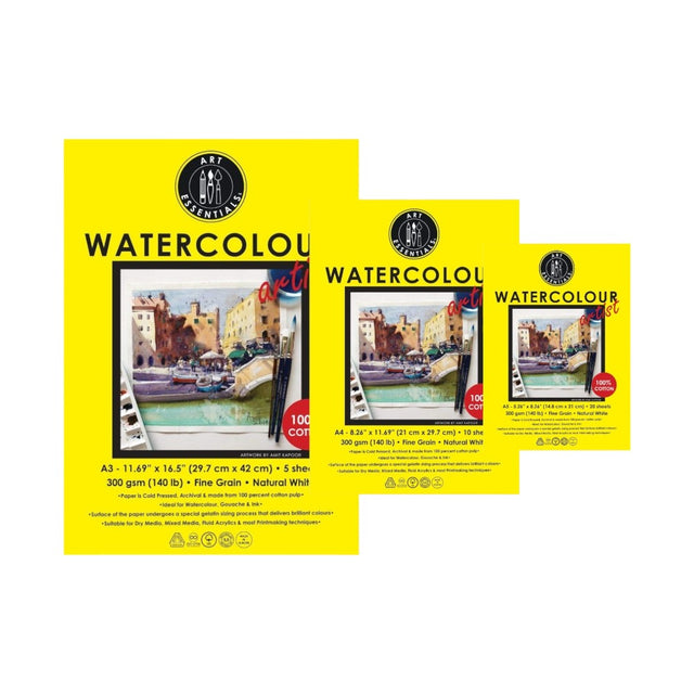 Art Essentials Artist Watercolour Paper 100% Cotton,300GSM,-Poly Pack Art Essentials