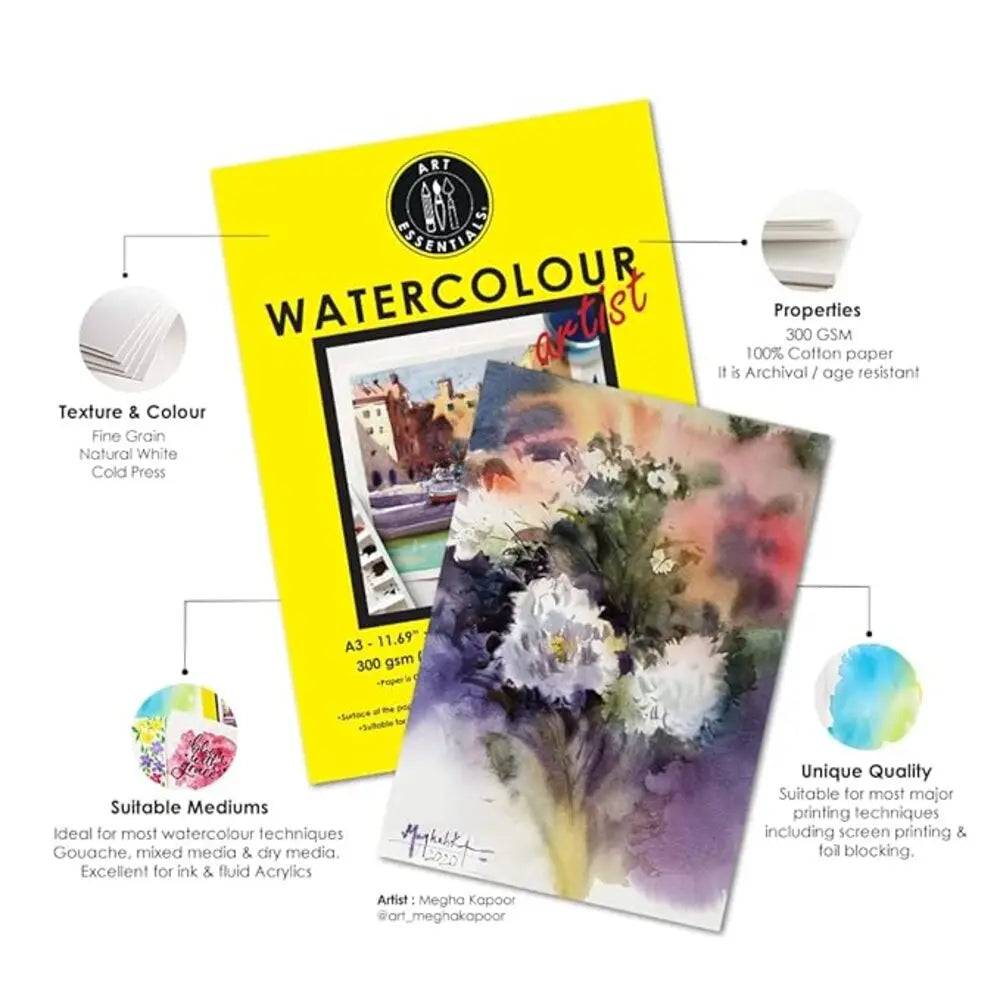 Art Essentials Artist Watercolour Paper Cold Pressed,100% Cotton,300GSM,-Poly Pack Art Essentials