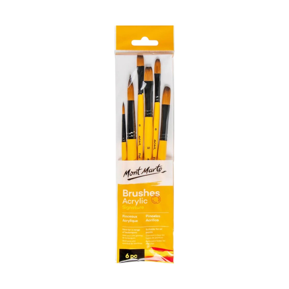 Mont Marte Acrylic Brushes Signature Set of 6 - Includes Round, Flat, Filbert Brushes for Acrylics