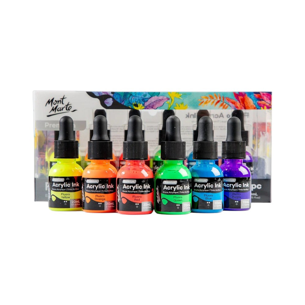 Mont Marte Fluoro Acrylic Ink 6pc Set - Open View