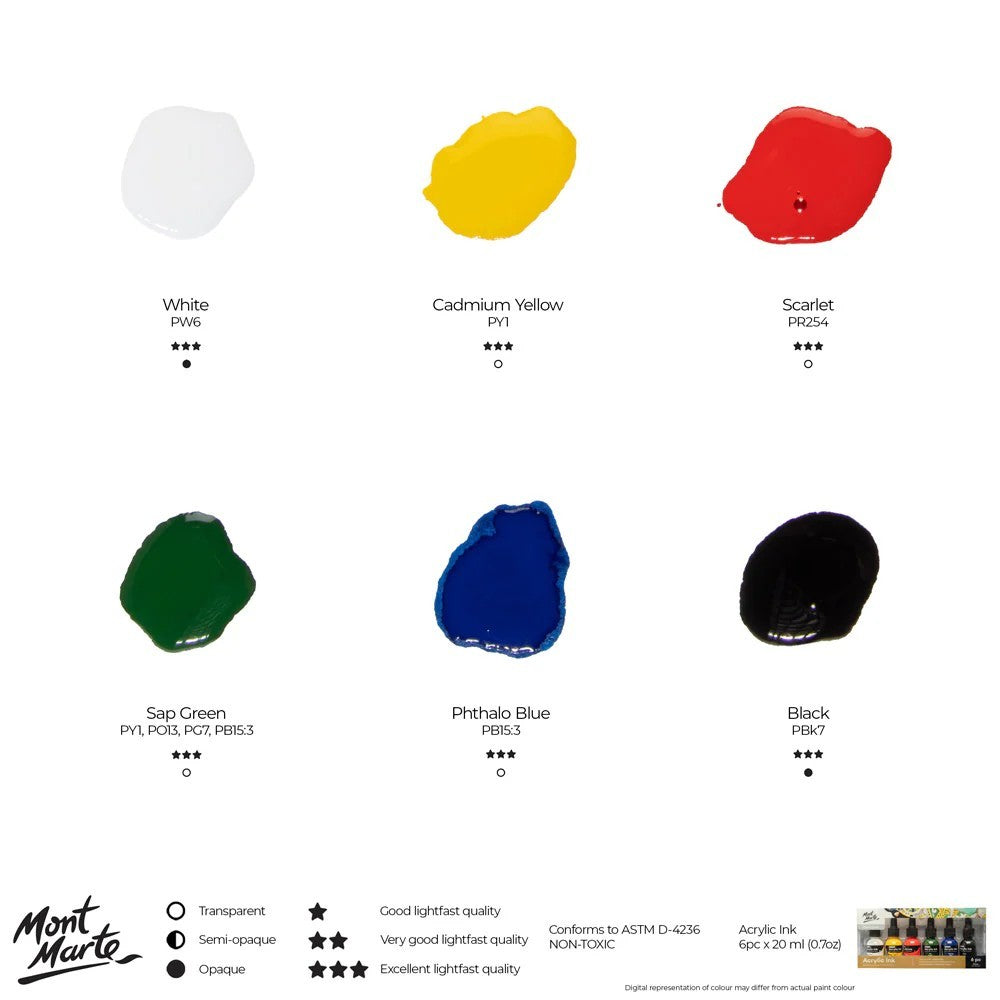 Mont Marte Vibrant Acrylic Ink 6pc Set - Color Chart