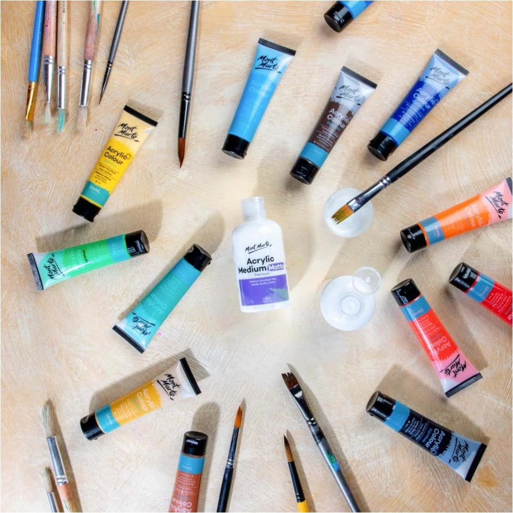 Display setup of Mont Marte Premium Acrylic Matte Medium bottles