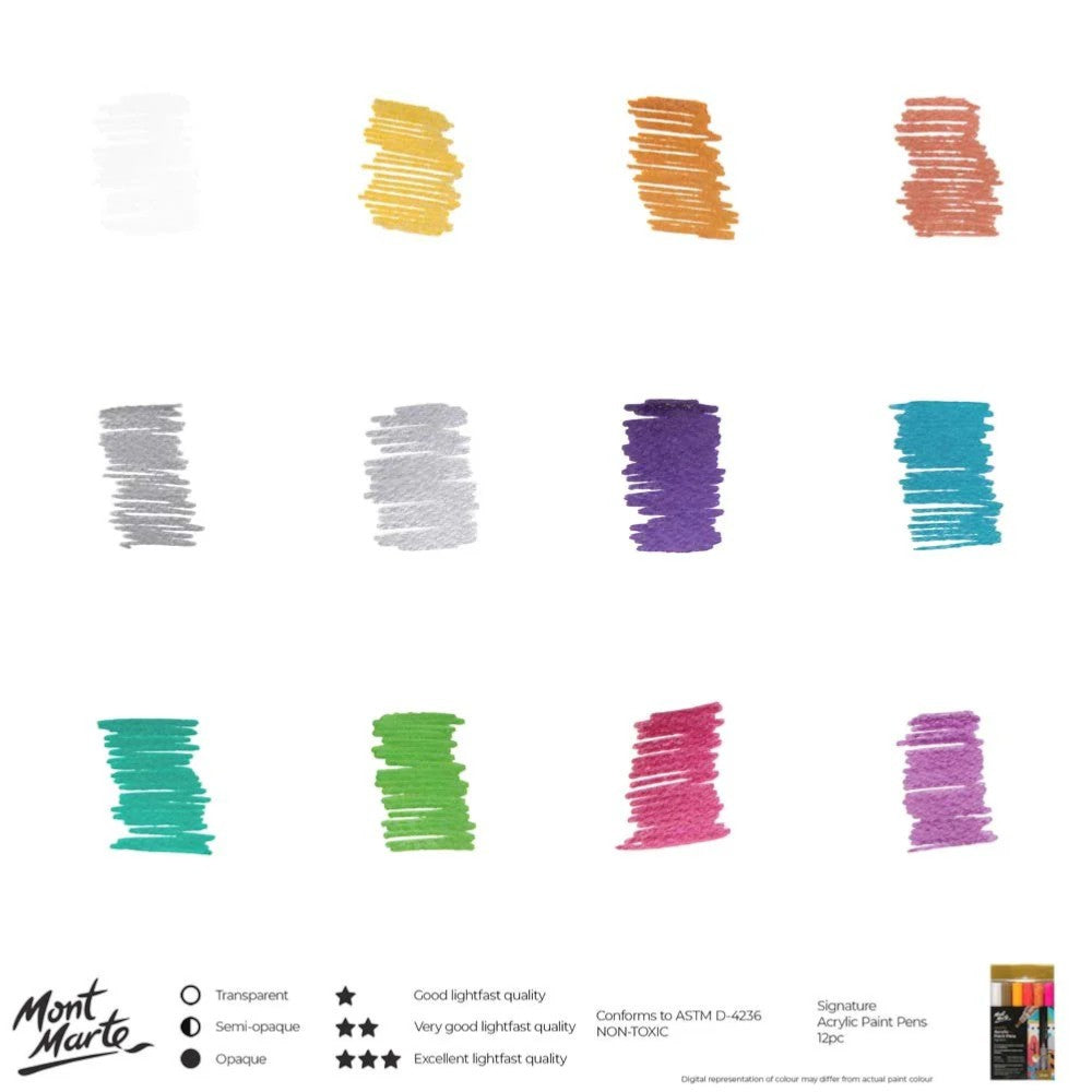 Mont Marte Acrylic Paint Pens - Broad Tip - 12pc Metallic - Colour Chart