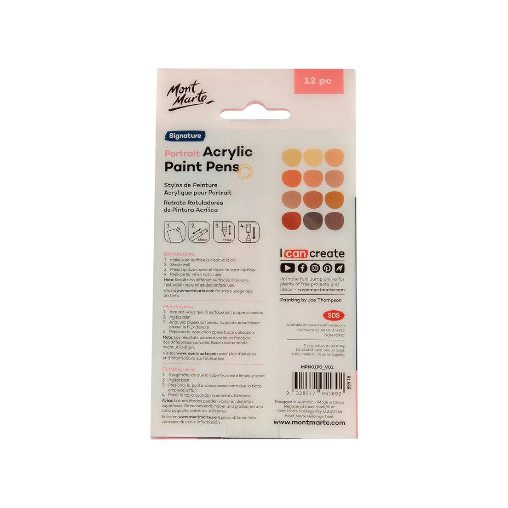 Mont Marte Acrylic Paint Pens - Broad Tip - 12pc Portrait Shades - Back View