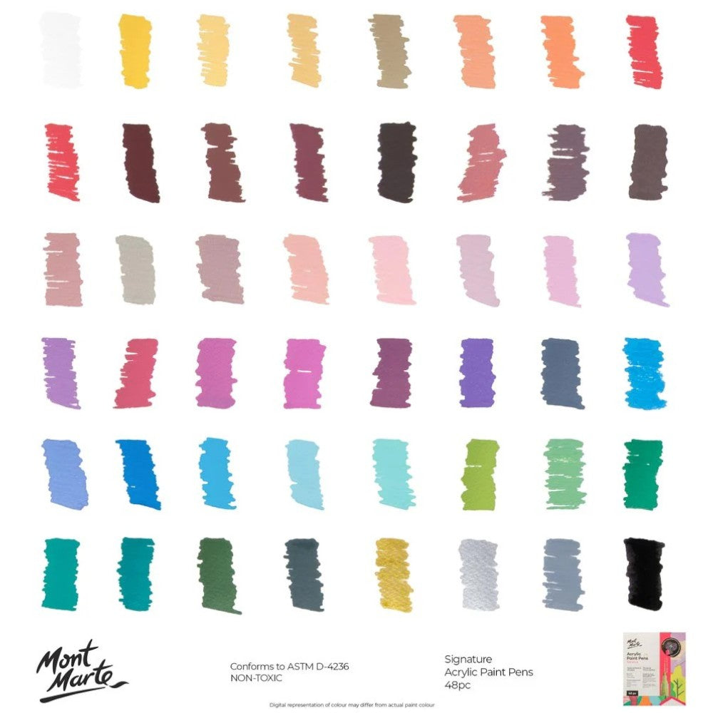 Mont Marte Acrylic Paint Pens - Broad Tip - 48pc Opaque - Colour Chart