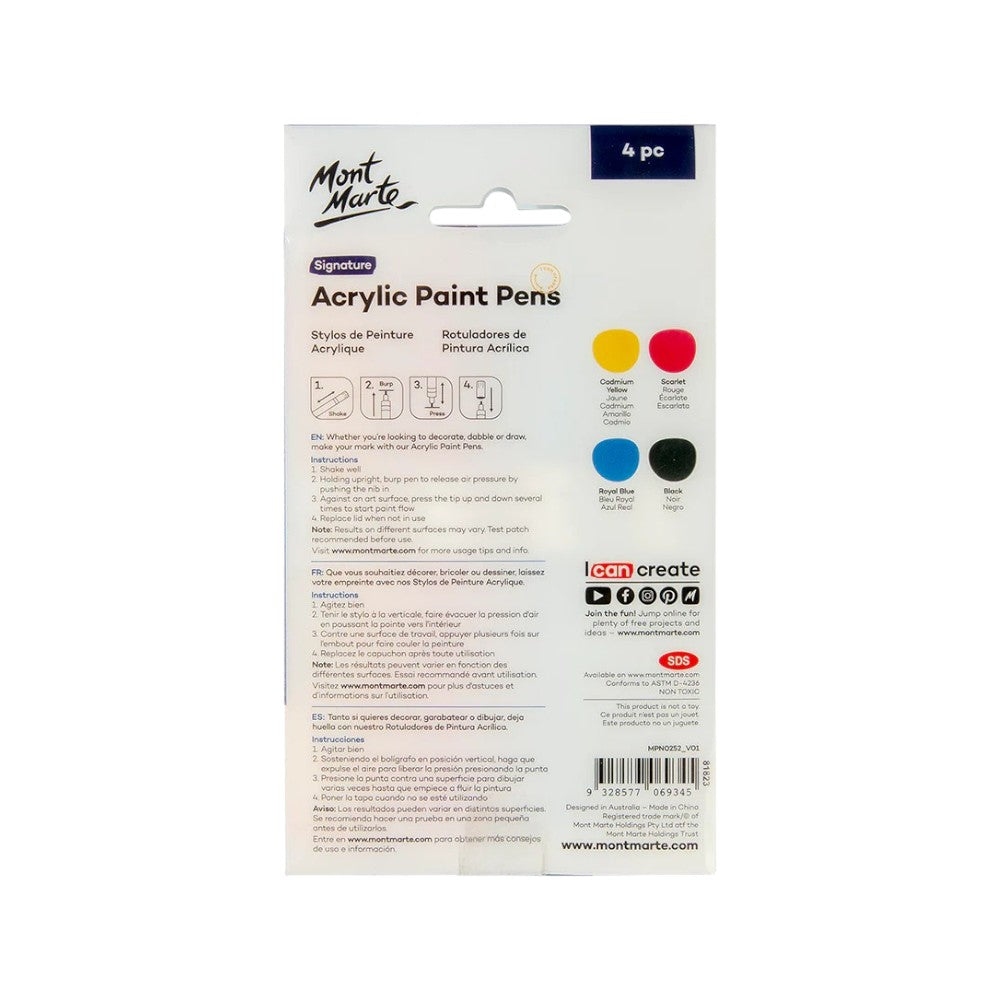 Mont Marte Acrylic Paint Pens - Chisel Tip - 4pc Essential Colors - Back View