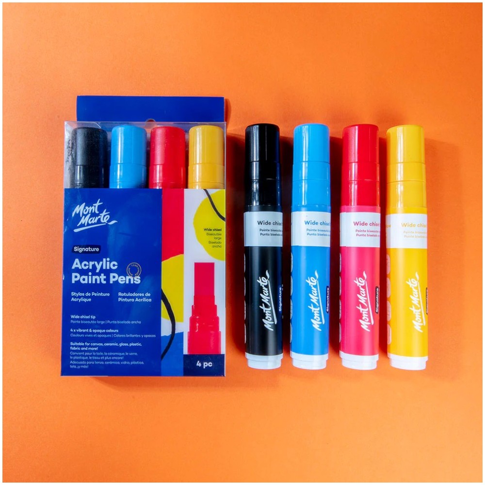 Mont Marte Acrylic Paint Pens - Chisel Tip - 4pc Essential Colors - Open View