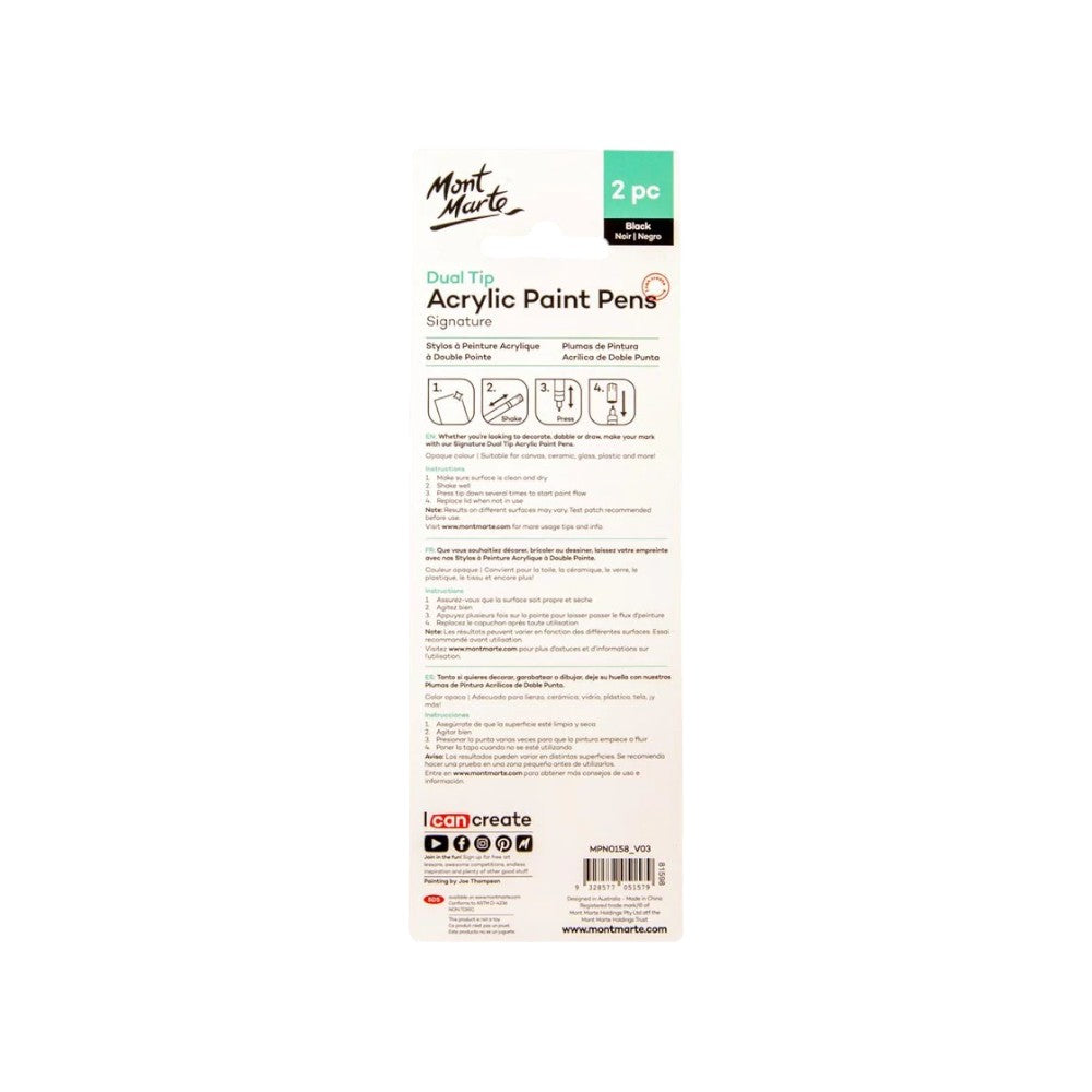 Mont Marte Acrylic Paint Pens - Dual Tip - 2pc Black - Back View