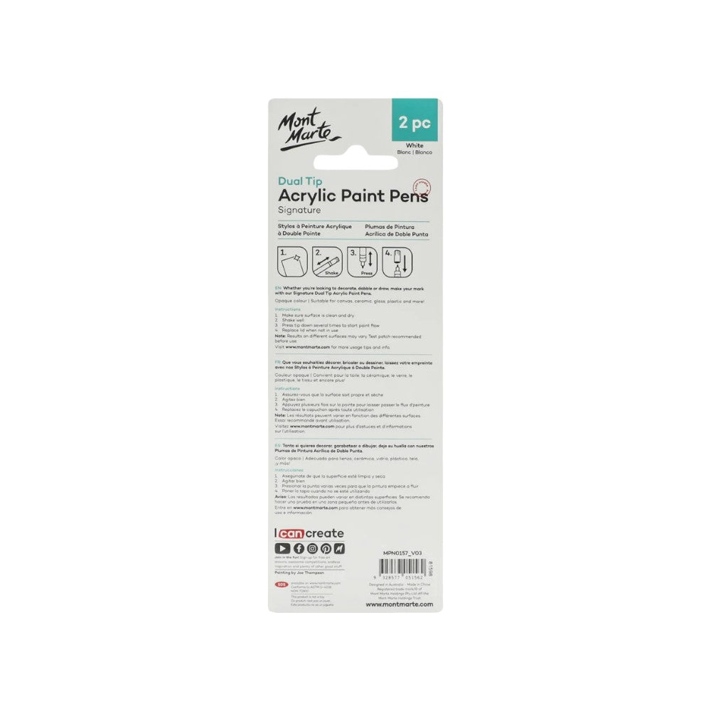Mont Marte Acrylic Paint Pens - Dual Tip - 2pc White - Back View
