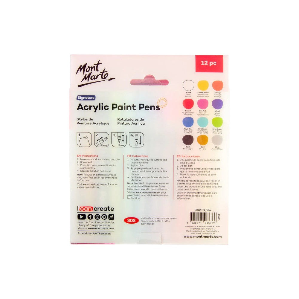 Mont Marte Acrylic Paint Pens - Fine Tip - 12pc Opaque - Back View