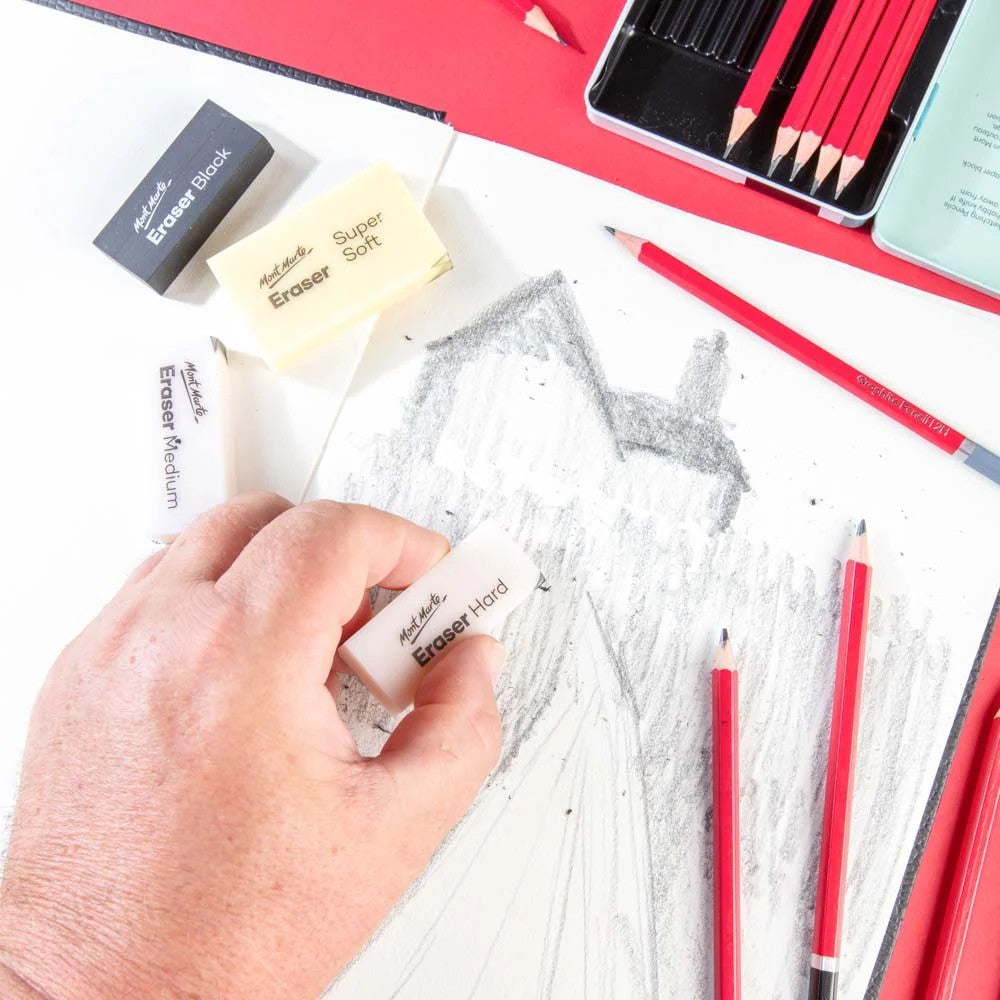 Close-up view of Mont Marte Signature Artist Erasers Set, highlighting different eraser textures and uses.