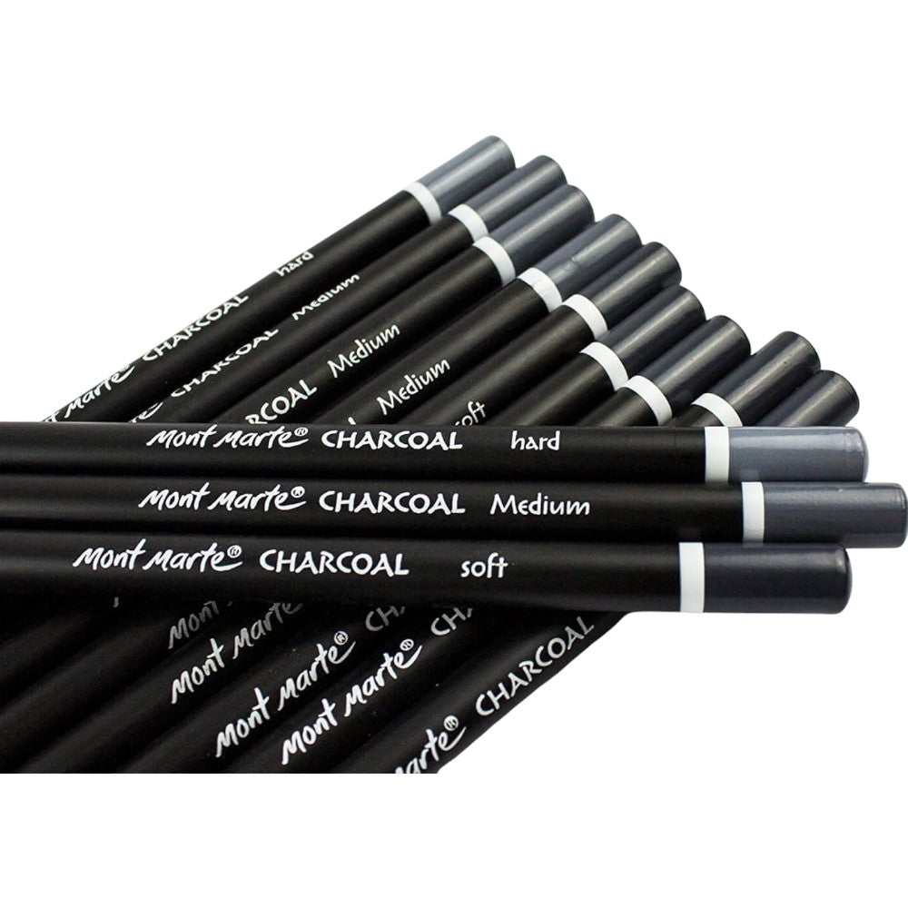 Close-Up of Soft, Medium, and Hard Mont Marte Charcoal Pencils