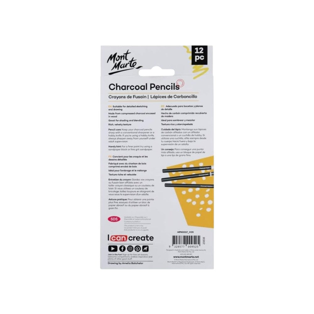 Mont Marte Signature Charcoal Pencil Set of 12 - Back Packaging