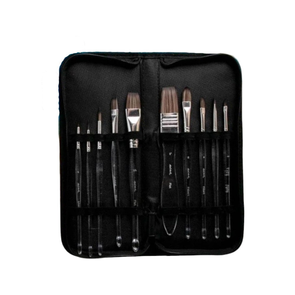 Full view of 11 acrylic brushes with clear handles