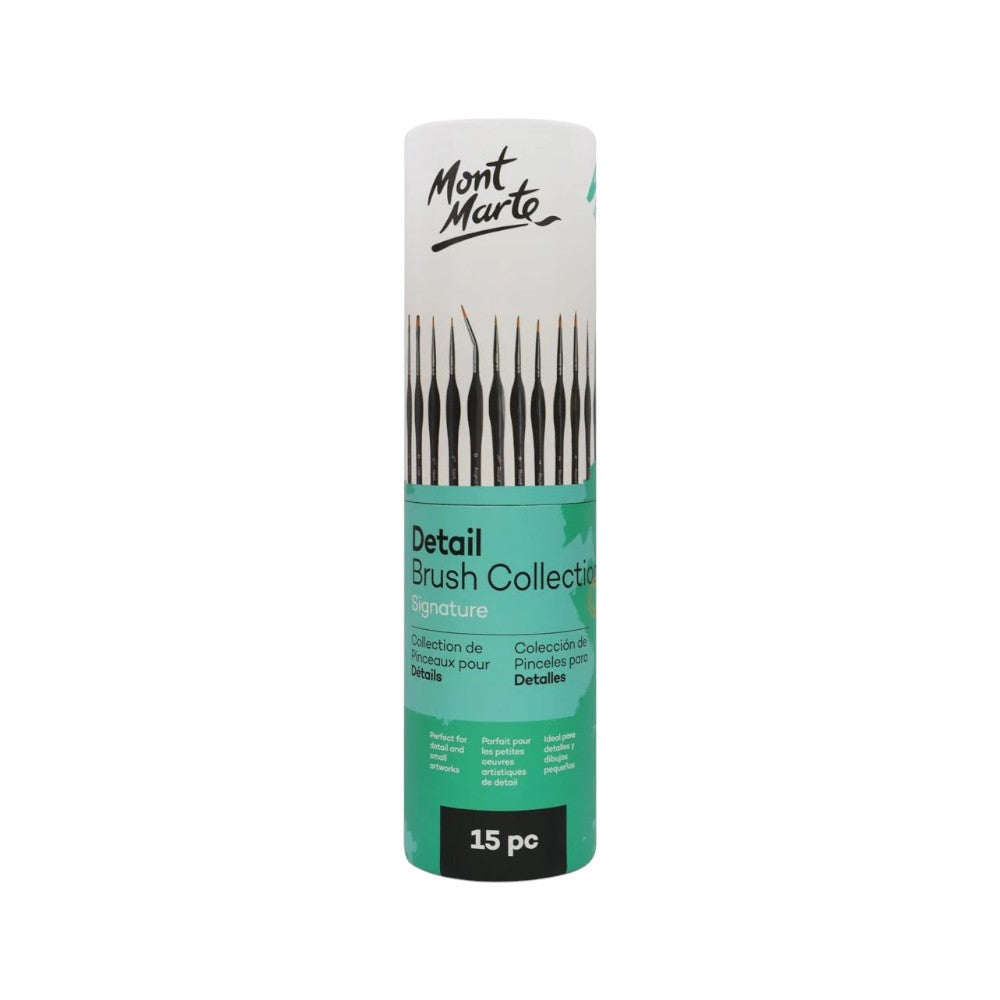 Mont Marte Detail Brush Collection - Signature Set of 15, featuring ergonomic handles and precision taklon bristles.