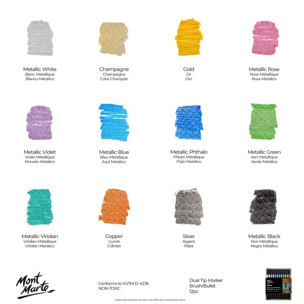 Mont Marte Premium Dual Tip Markers Brush/Bullet - Set of 12 - Choose