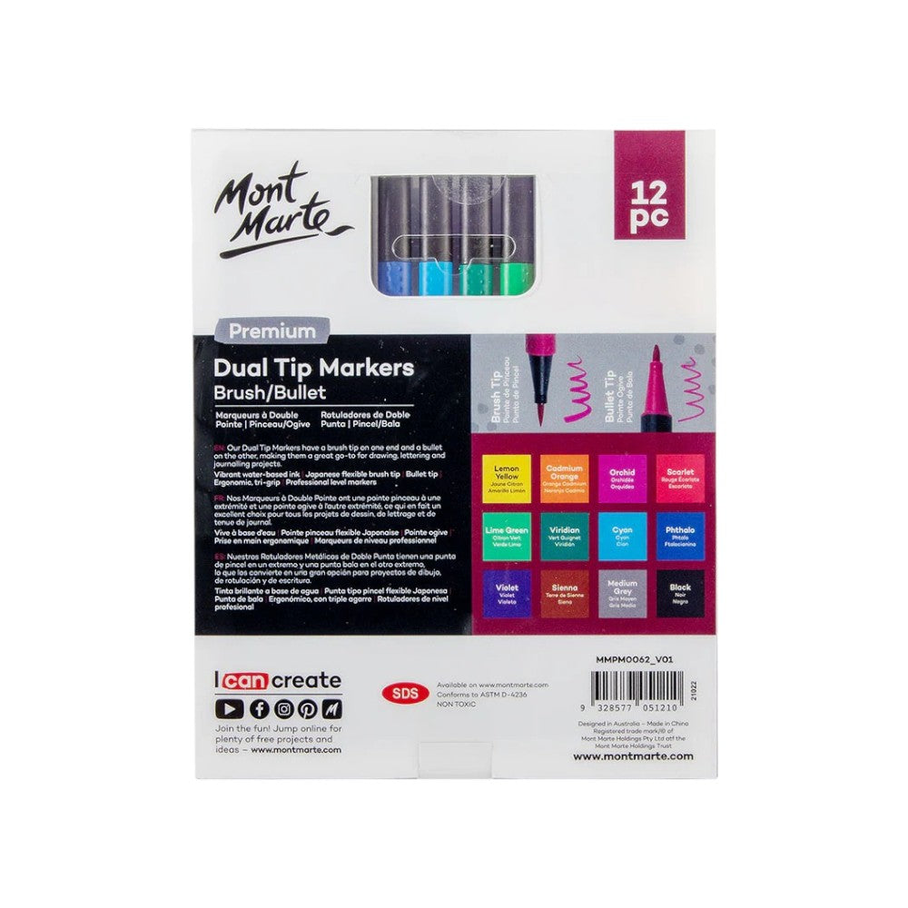 Mont Marte Premium Dual Tip Markers Brush/Bullet - Set of 12 - Choose