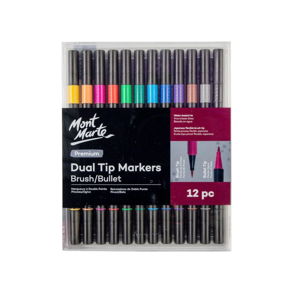 Mont Marte Premium Dual Tip Markers Brush/Bullet - Set of 12 - Choose