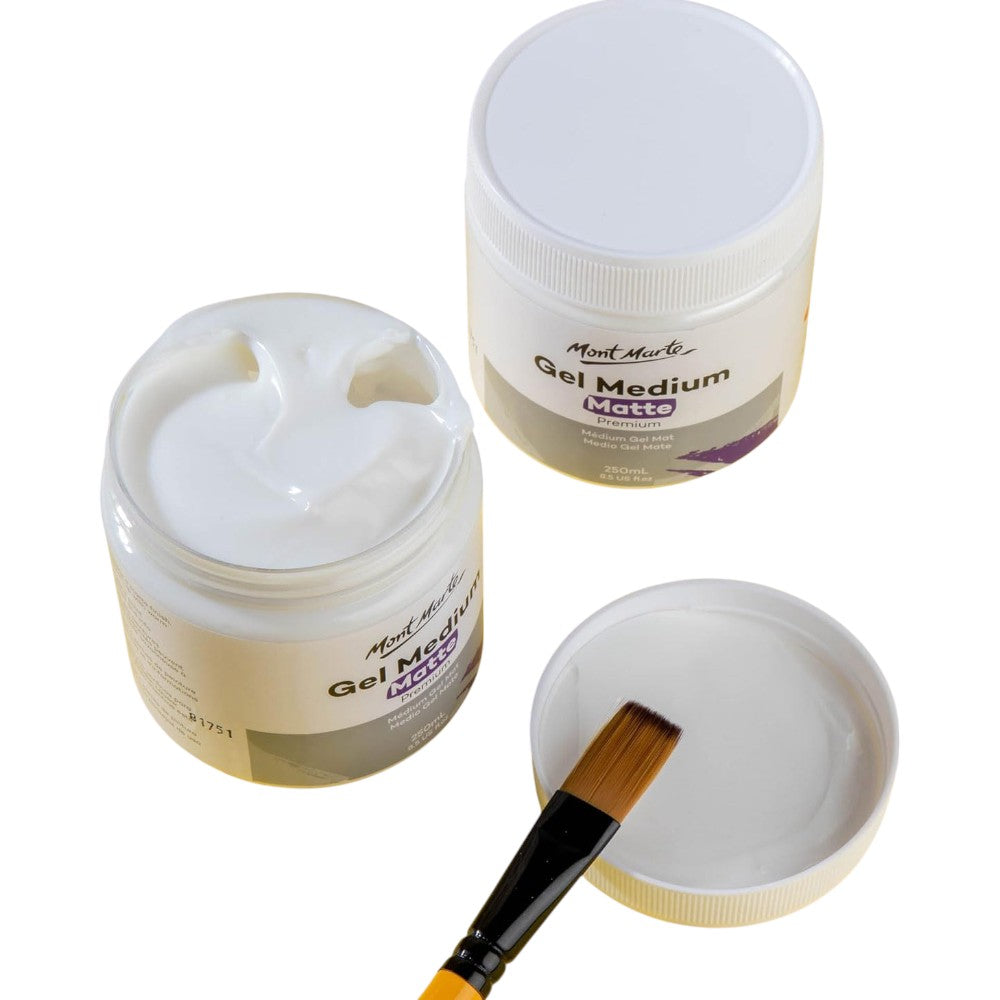 Open jar of Mont Marte Matte Gel Medium showing creamy, smooth texture