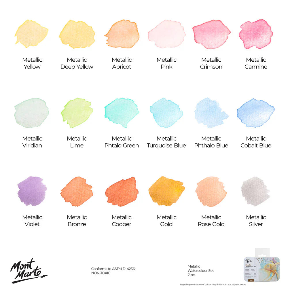 Mont Marte Metallic Watercolour Cake Set Premium featuring 18 metallic shades arranged in a tin box.
