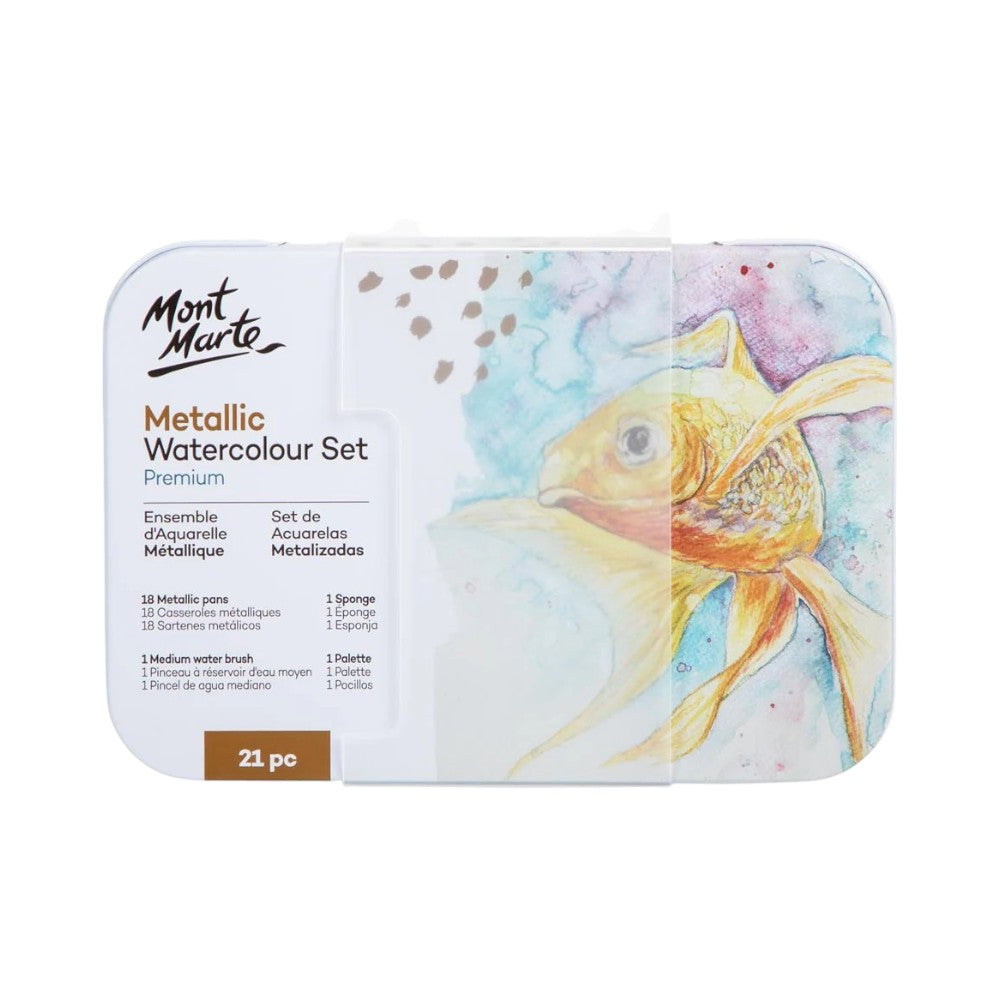 Mont Marte Metallic Watercolour Cake Set Premium - 21 Colors in a tin box with included accessories