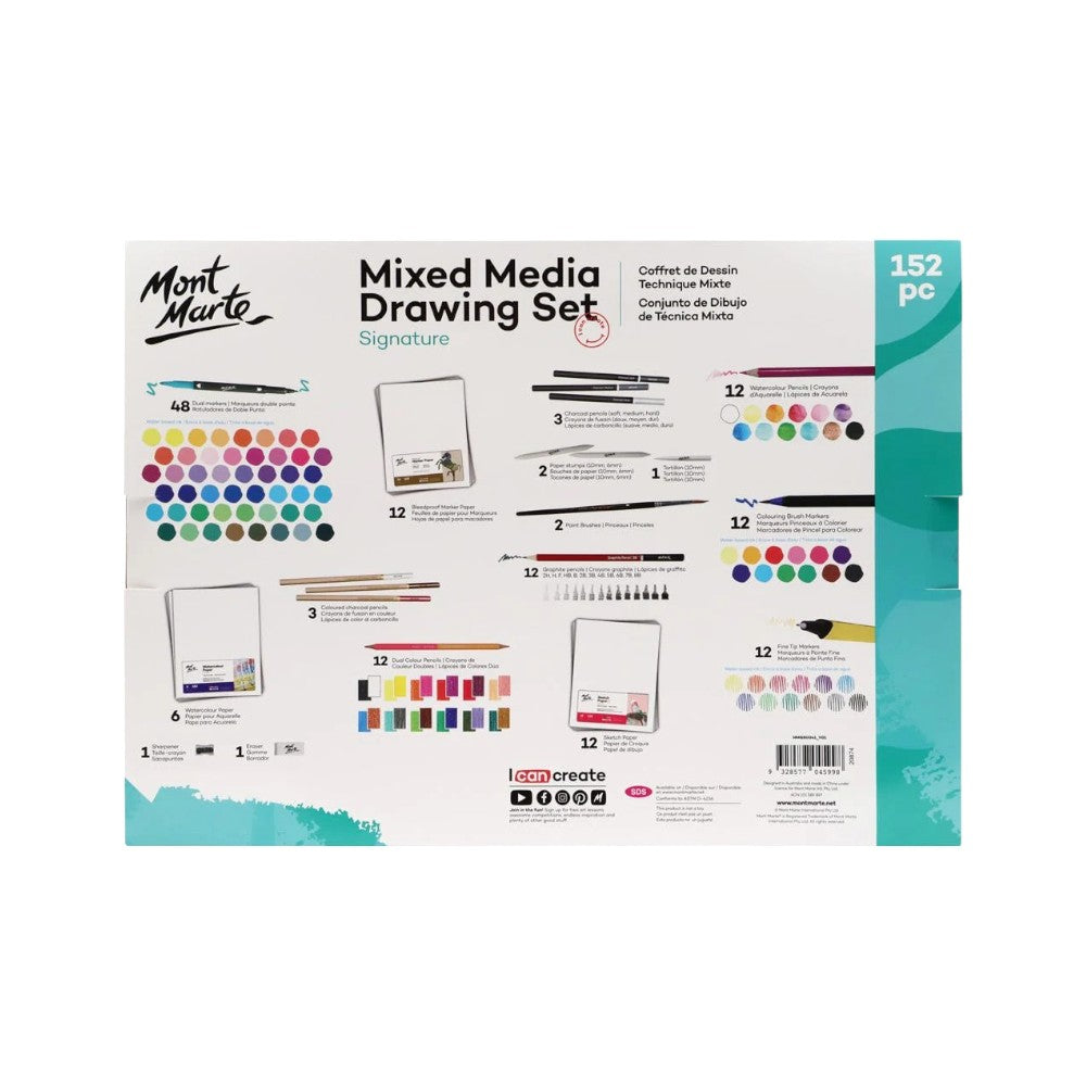 Mont Marte Mixed Media Drawing Set - 152 Pc Back View with Product Details