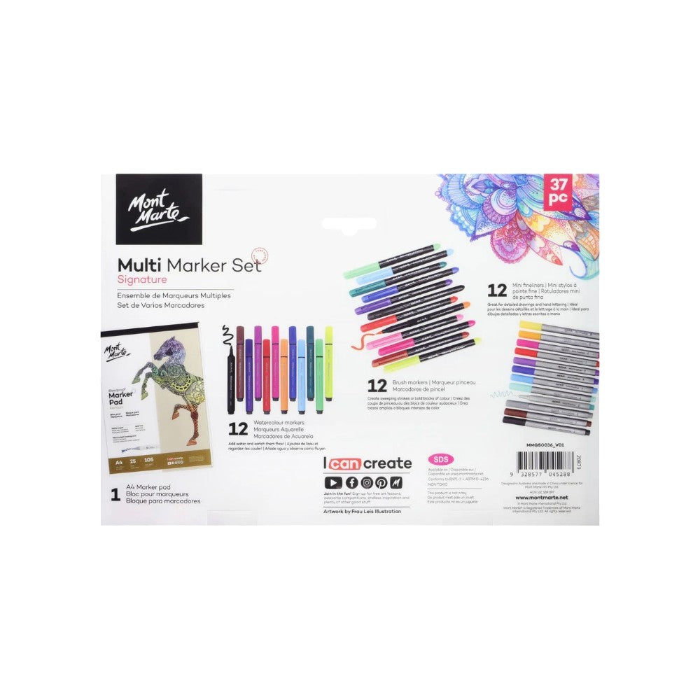 Back view of Mont Marte Multi Marker Set Signature 37pc with marker pad and pens
