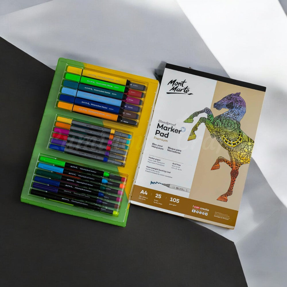 Open view of Mont Marte Multi Marker Set showing all 37 pieces including markers and A4 pad