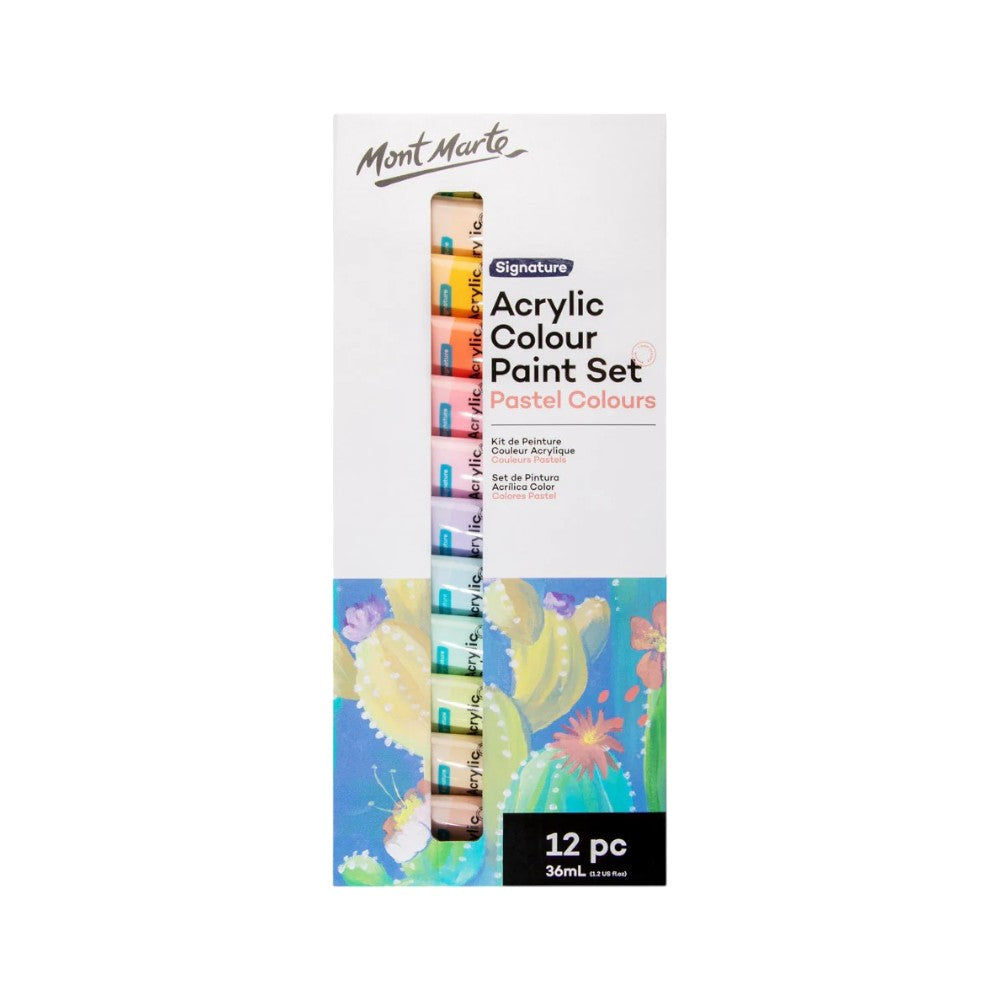Mont Marte Signature Acrylic Pastel Paint Set (12x36ml) front view showcasing pastel colour selection.