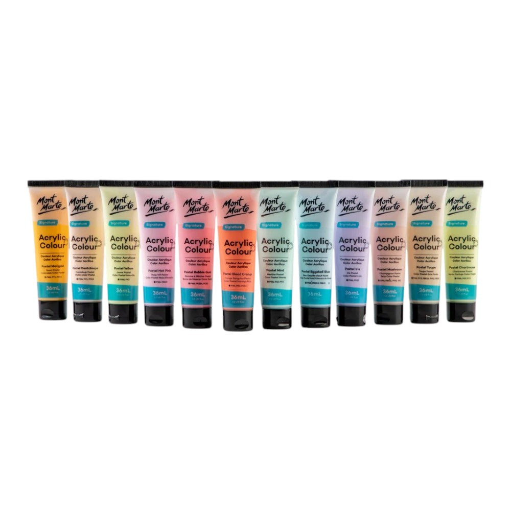 Mont Marte Signature Acrylic Pastel Paint Set (12x36ml) open view displaying paint tubes and colour variety.