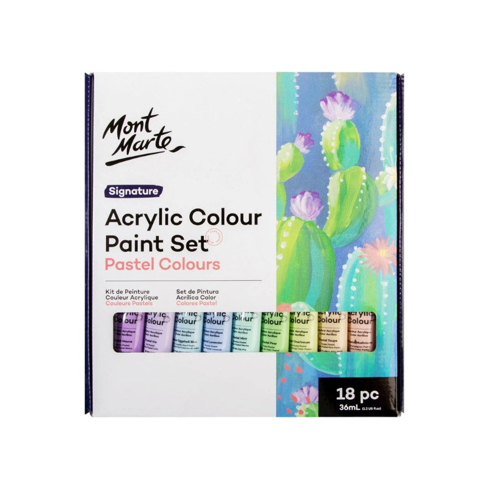 Mont Marte Signature Acrylic Pastel Paint Set (18x36ml) front view highlighting creamy pastel shades.
