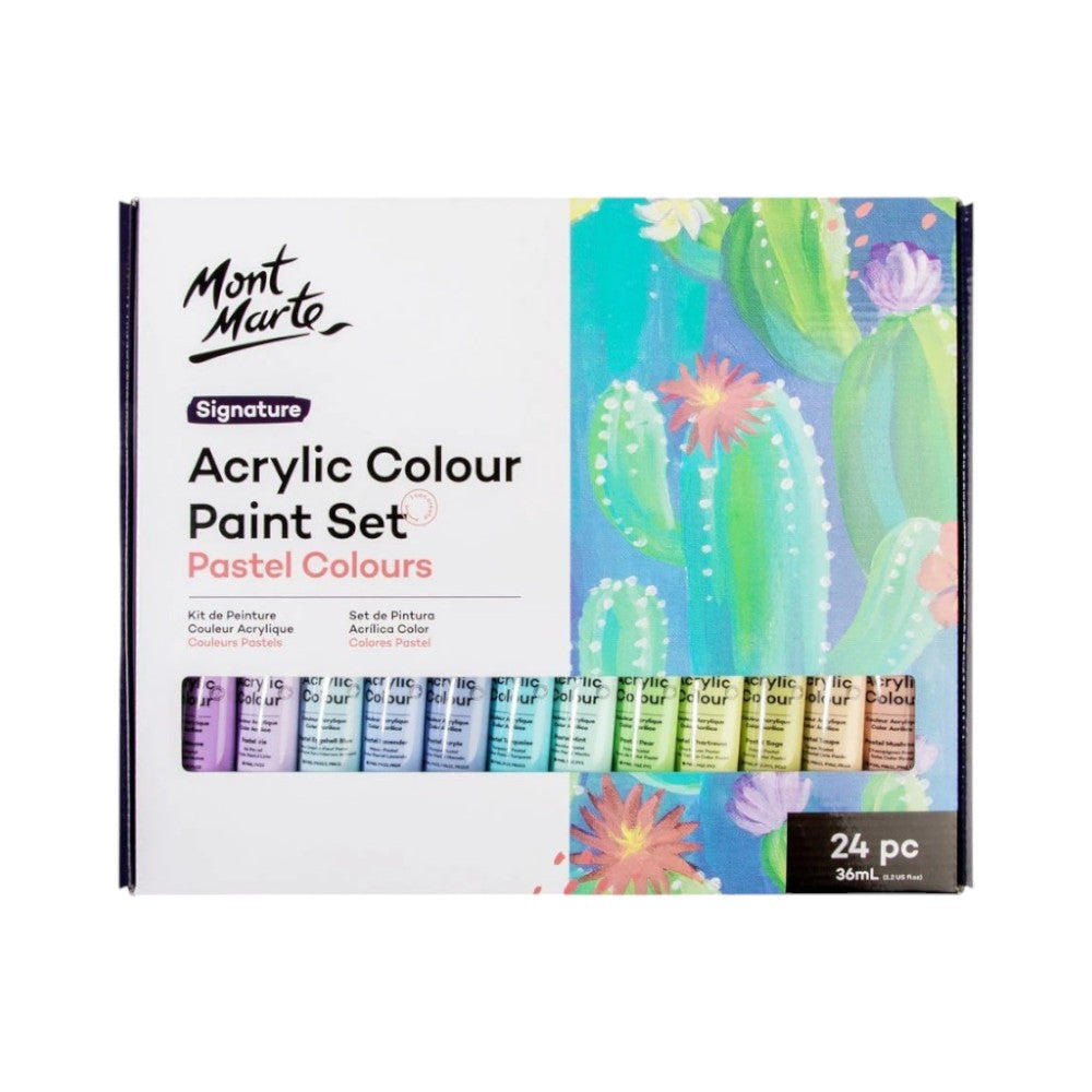 Mont Marte Signature Acrylic Pastel Paint Set (24x36ml) front view with a diverse pastel palette.