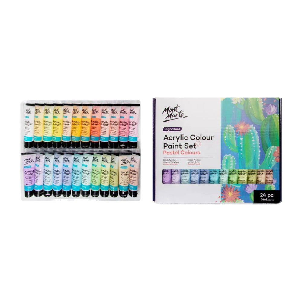 Mont Marte Signature Acrylic Pastel Paint Set (24x36ml) open view displaying a pastel colour selection.