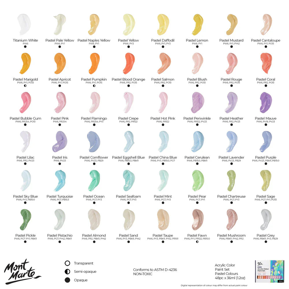 Mont Marte Signature Acrylic Pastel Paint Set (48x36ml) colour chart displaying all available pastel shades.