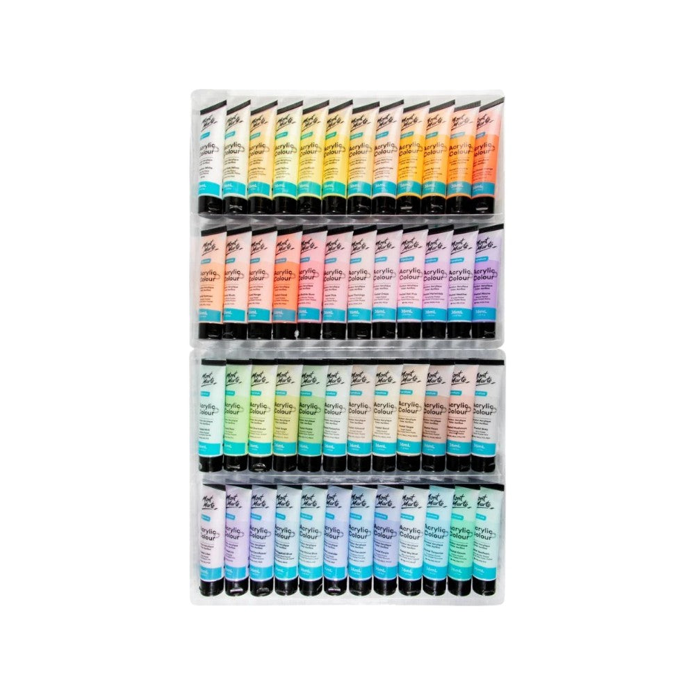 Mont Marte Signature Acrylic Pastel Paint Set (48x36ml) open view displaying a full range of pastel colours.
