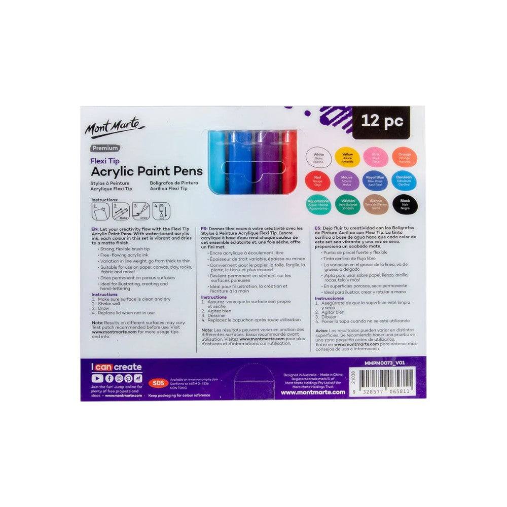 Mont Marte Premium Flexi Tip Acrylic Paint Pens - 12pc - Back View