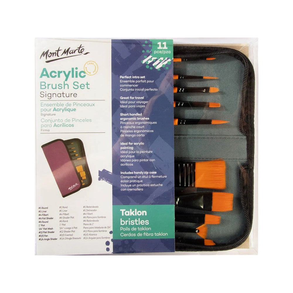 Mont Marte Signature Acrylic Brush Set in Wallet - Pack of 11