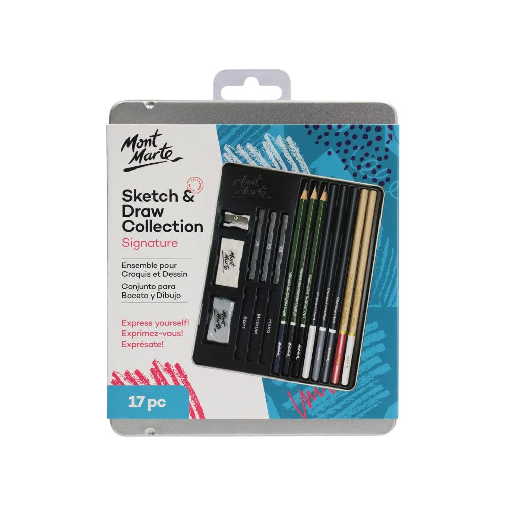 Mont Marte Sketch and Draw Collection Set of 17 - Tin Pack - Front View